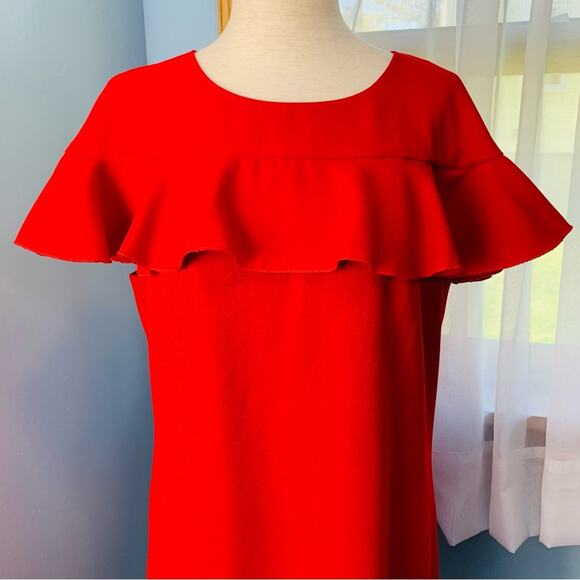 Trina Turk Red Shimmer Ruffle Sheath Dress Size 10 - Picture 4 of 10